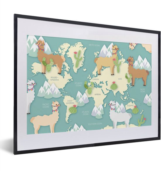 Photo en cadre - Alpagas et montagnes sur une carte du monde lumineux cadre photo noir avec passe-partout blanc petit 40x30 cm - Affiche sous cadre (Décoration murale salon / chambre)