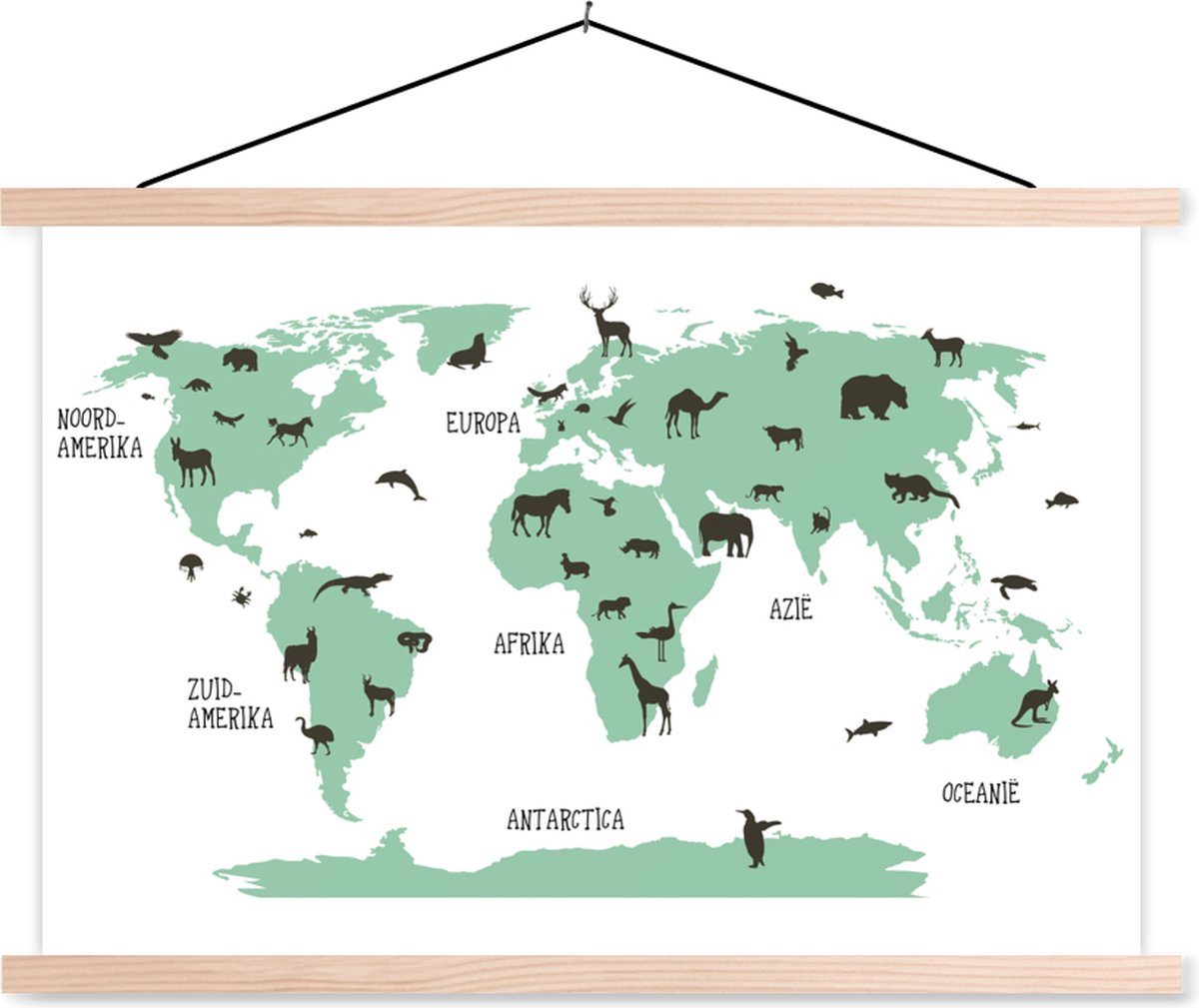 Kinder Wereldkaart Dieren schoolplaat platte latten blank 150x100 cm - Foto print op textielposter (wanddecoratie woonkamer/slaapkamer)