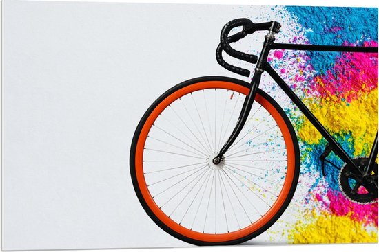 Forex - Racefiets op Witte Achtergrond met Gekleurd Poeder - 90x60cm Foto op Forex