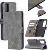 Voor Samsung Galaxy M31s Stiksels Stijl 2-Kleur Koe Textuur Horizontale Flip PU Lederen Case met Houder & Kaartsleuf & Lanyard (Grijs)