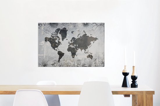 Wereldkaart avec motif béton gris foncé décorée d'illustrations de fleurs 90x60 cm