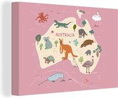 Canvas Wereldkaart - 30x20 - Wanddecoratie Australië - Wereldkaart - Kinderen - Dieren - Meisjes - Meiden - Kids