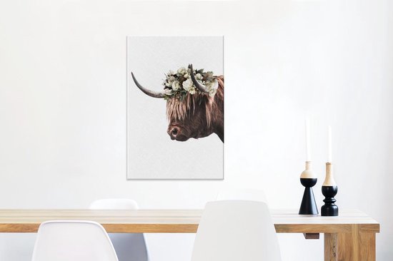Highlander écossais avec fleurs 60x90 cm - Tirage photo sur toile peinture (Décoration murale salon / chambre) / animaux sauvages Peintures sur toile