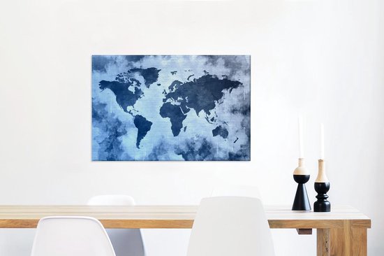 Wereldkaart avec peinture bleue et bleu foncé sur fond avec motif texturé 60x40 cm