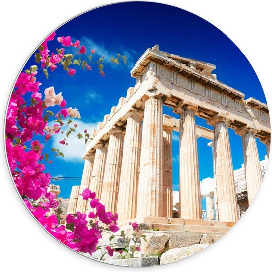 Forex Wandcirkel - Parthenon in Athene met Bloesembloemen - Foto op Wandcirkel (met ophangsysteem)