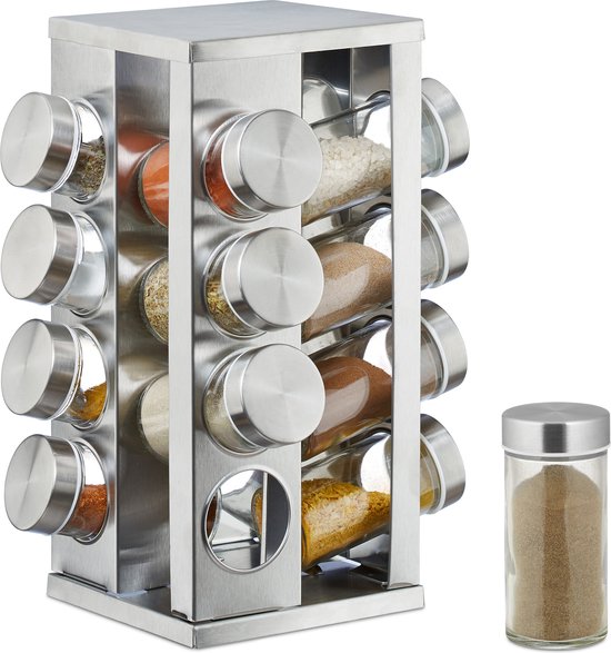 Zilverkleurig kruidenrek met 16 gevulde potjes en een los kruidenpotje ernaast.