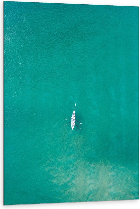 Dibond - Bovenaanzicht van Personen in Kano op Zee - 80x120cm Foto op Aluminium (Met Ophangsysteem)