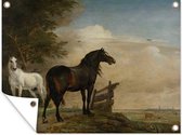 Tuinschilderij Twee paarden in de wei bij een hek - Schilderij van Paulus Potter - 80x60 cm - Tuinposter - Tuindoek - Buitenposter