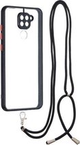Voor Xiaomi Redmi Note 9 / Redmi 10X 4G Transparante pc + TPU-telefoonhoes met contrastkleurknop en nekkoord (zwart)