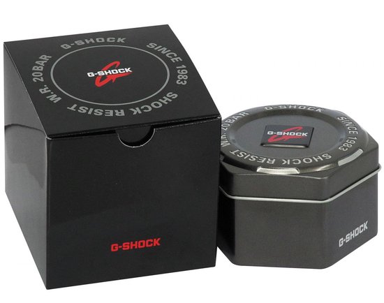 Zwarte G-SHOCK verpakking met logo en 'Shock Resist' opdruk.