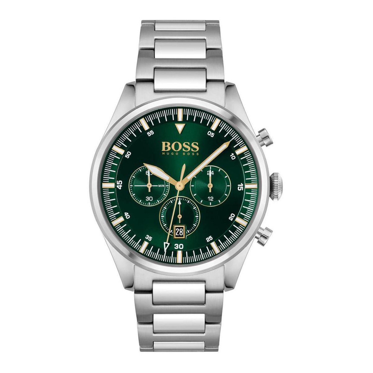 BOSS HB1513868 PIONEER Heren Horloge - Chronograaf - Mineraalglas - Roestvrijstaal - Groen-Zilverkleurig - Ø 44 mm - Quartz - Vouw-Vlindersluiting