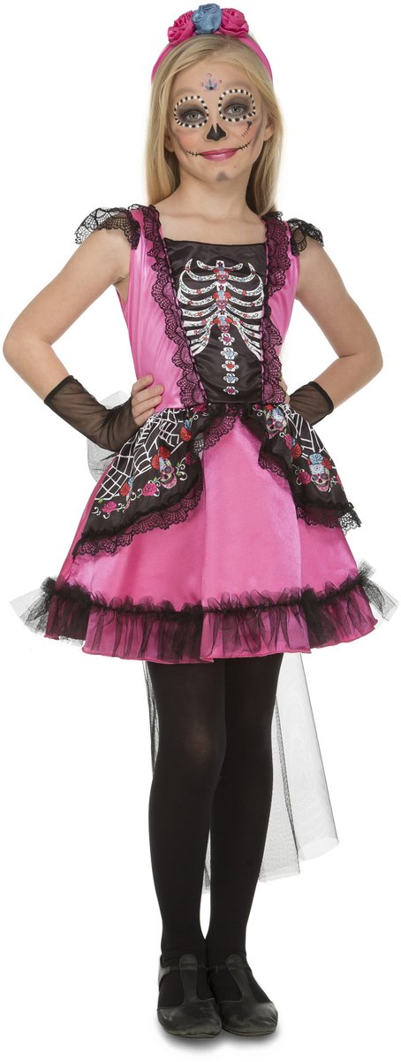 VIVING COSTUMES / JUINSA - Roze dame Dia de los Muertos kostuum voor meisjes - 122/134 (7-9 jaar)