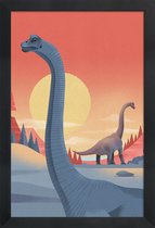 JUNIQE - Poster met houten lijst Brachiosaurus -13x18 /Blauw & Oranje