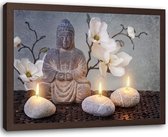 Foto in frame , Boeddha met kaarsen en orchidee , 120x80cm , Multikleur , Premium print