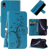 Reliëf Lucky Tree Horizontale Flip Leren Case met Houder & Kaartsleuf & Portemonnee & Lanyard Voor iPhone XR (Blauw)