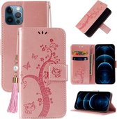 Reliëf Lucky Tree Horizontale Flip Leren Case met Houder & Kaartsleuf & Portemonnee & Lanyard Voor iPhone 12 Pro Max (Rose Gold)