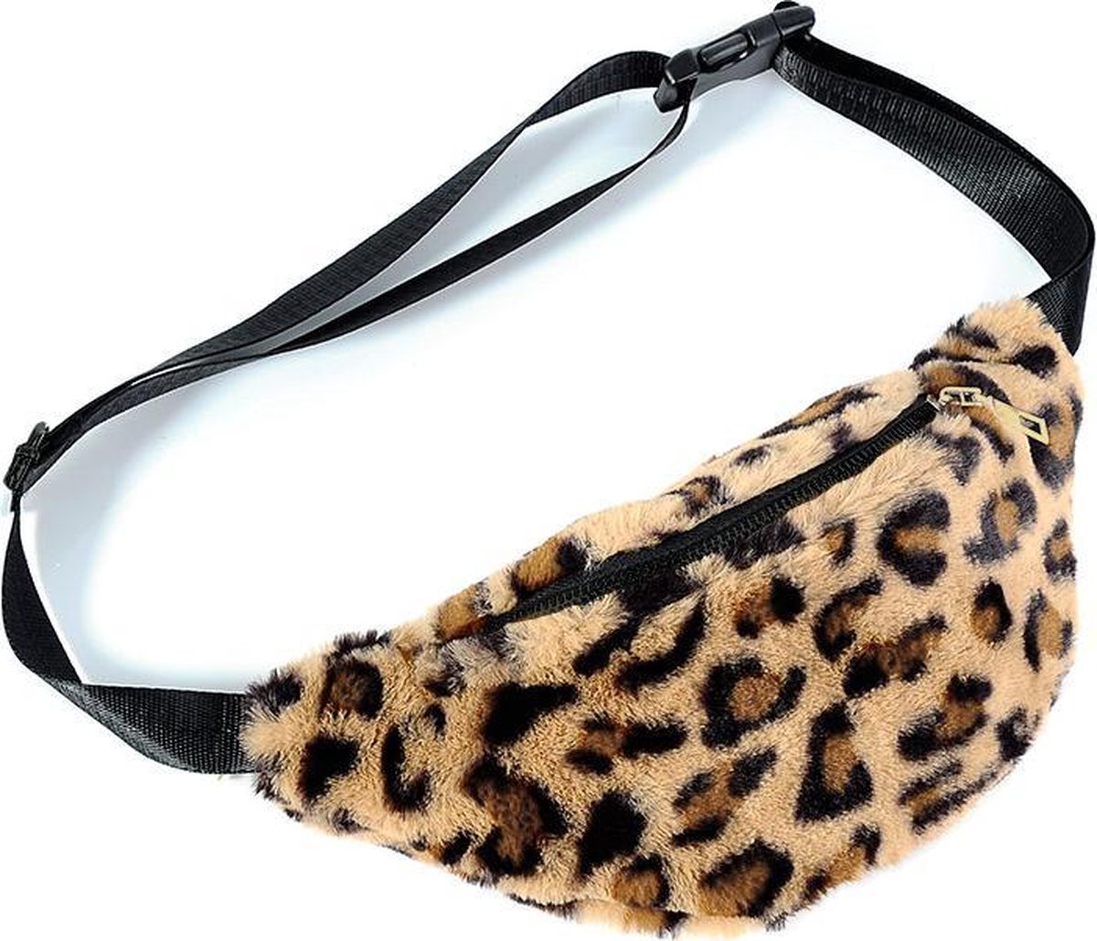 KIMU® Heuptasje Panterprint Nepbont Bruin - Zachte Heuptas Luipaard - Teddy Fanny Pack Crossbody Tas Luipaardprint - Bont Knuffel Tasje Panter Festival