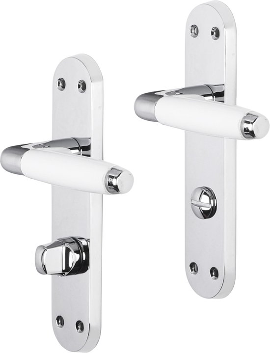Set van twee zilverkleurige deurklinken met witte handgrepen en ovale deurschilden.