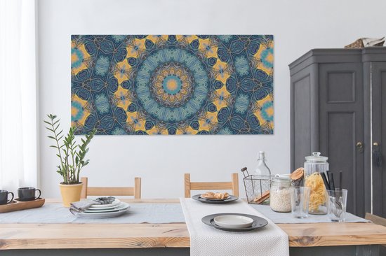 Canvas schilderij 160x80 cm - Wanddecoratie Cirkel - Blauw - Mandala - Muurdecoratie woonkamer - Slaapkamer decoratie - Kamer accessoires - Schilderijen op canvas