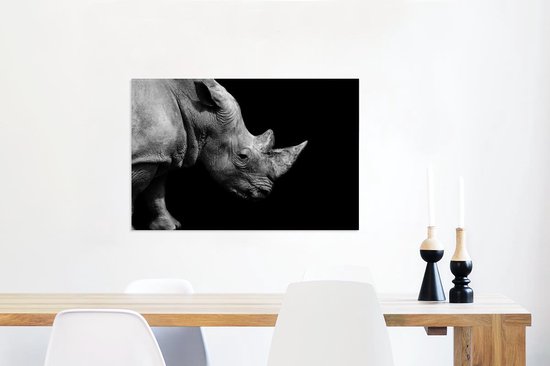 Peintures sur toile - Portrait photo rhinocéros sur fond noir en noir et blanc - 60x40 cm - Décoration murale