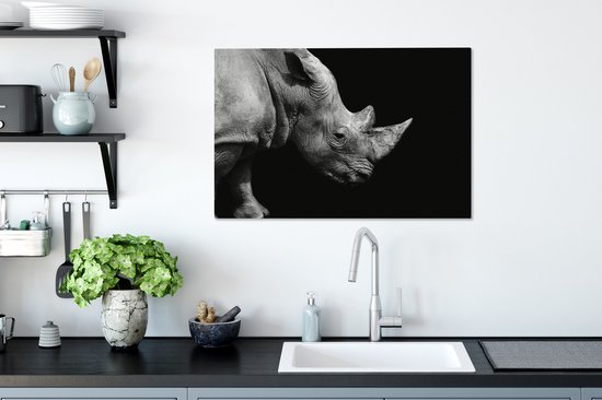 Peintures sur toile - Portrait photo rhinocéros sur fond noir en noir et blanc - 60x40 cm - Décoration murale