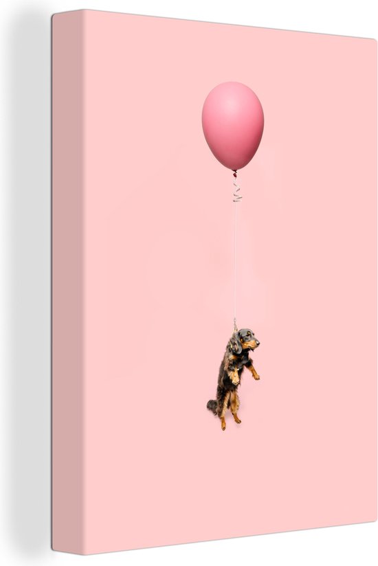 Canvas schilderij 120x160 cm - Wanddecoratie Teckel aan een roze ballon - Muurdecoratie woonkamer - Slaapkamer decoratie - Kamer accessoires - Schilderijen