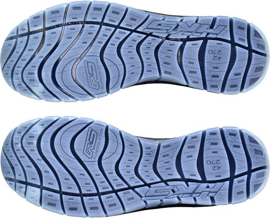Onderkanten van twee zwarte werkschoenen met lichtblauwe, profielzolen.