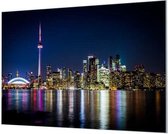 Wandpaneel Shanghai Skyline bij nacht  | 100 x 70  CM | Zilver frame | Wand-beugels (27 mm)