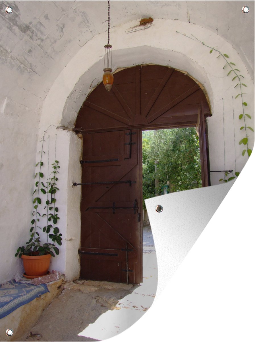 Tuinschilderij De oude ingang van het Anafonitria klooster op Zakynthos - 60x80 cm - Tuinposter - Tuindoek - Buitenposter op Prijzenvolger.com