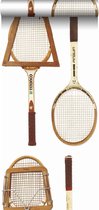 ESTAhome vlies wallpaper XXL vintage tennisrackets wit, bruin en beige - 158801 - 46.5 cm x 8.37 m