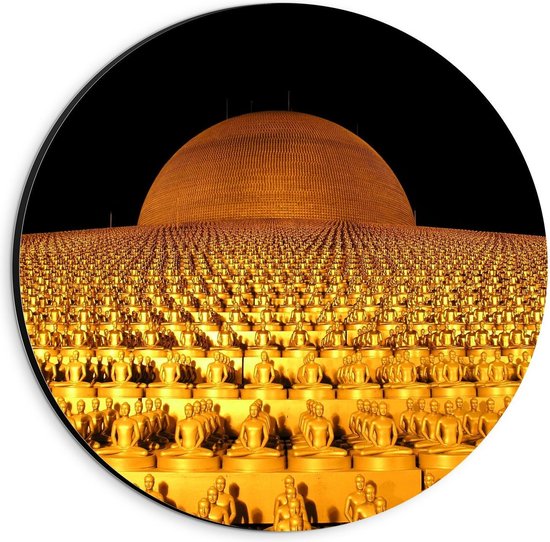 Dibond Wandcirkel - Veel Gouden Boeddha's  - 20x20cm Foto op Aluminium Wandcirkel (met ophangsysteem)