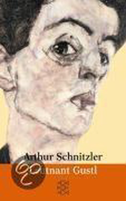Boekomslag van "Leutnant Gustl" door Arthur Schnitzler, met een close-up van een getekend gezicht.