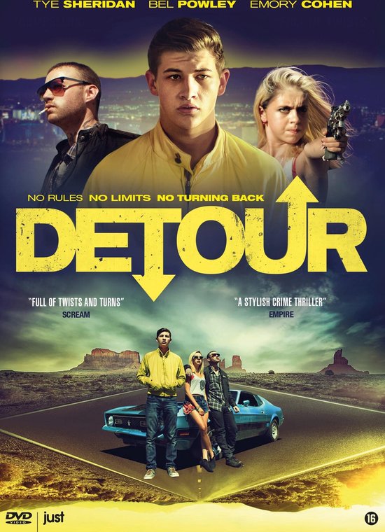 Poster van de film 'Detour' met Tye Sheridan in een geel jasje.