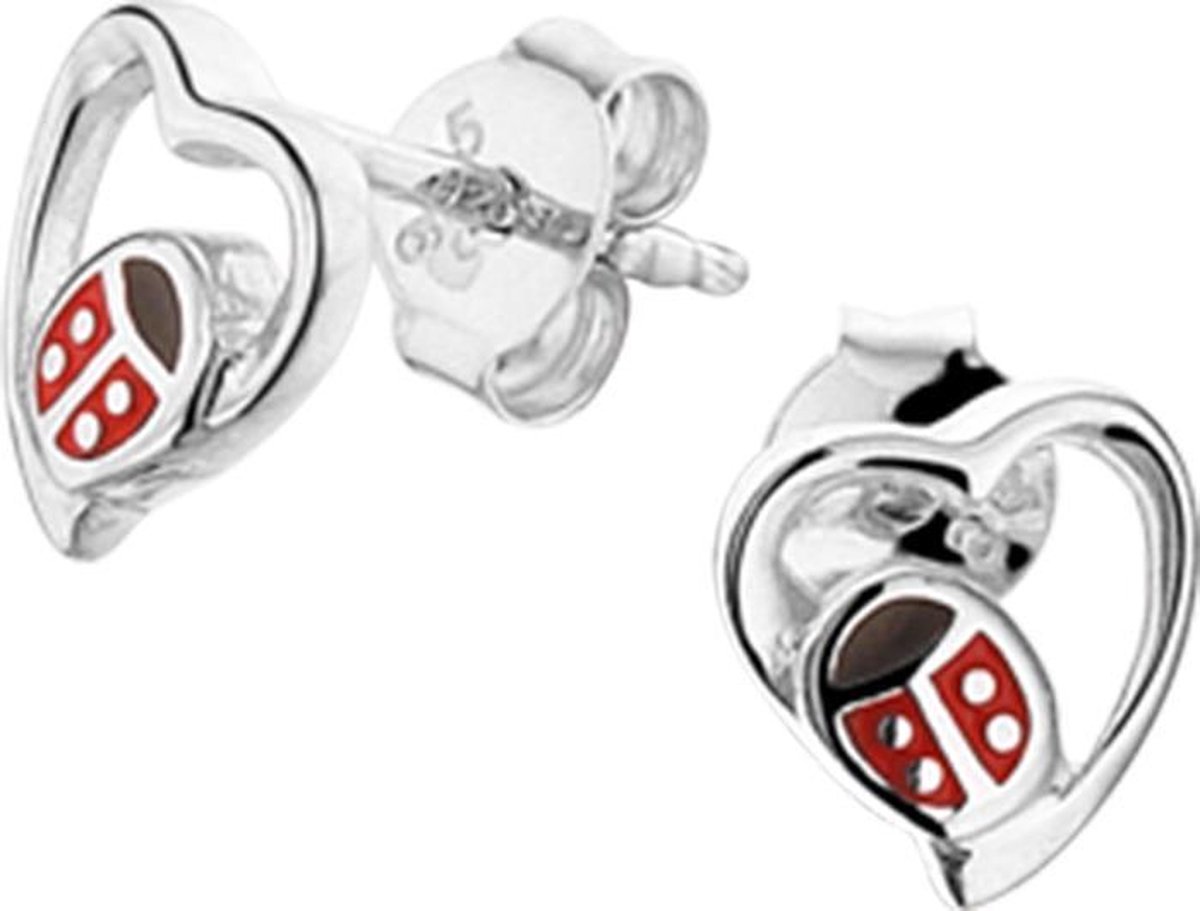 The Kids Jewelry Collection Oorknoppen Hart Lieveheersbeestje - Zilver Gerhodineerd