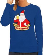 Foute kersttrui / sweater blauw Merry Christmas kerstman met een peul bier / biertje voor dames - kerstkleding / christmas outfit 2XL (44)