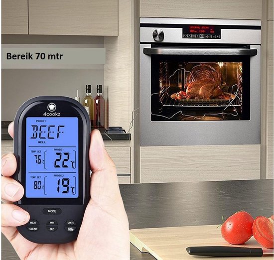 4cookz® 2 sensoren draadloze BBQ thermometer 0-250 graden - 4cookz