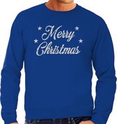 Foute Kersttrui / sweater - Merry Christmas - zilver / glitter - blauw - heren - kerstkleding / kerst outfit S (48)