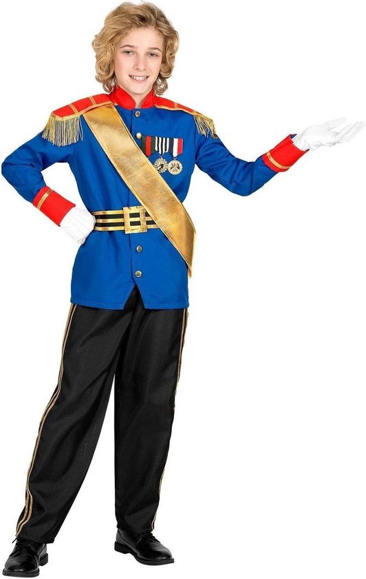 Widmann - Koning Prins & Adel Kostuum - Charmante Prins Sprookjes Koninkrijk - Jongen - Blauw, Zwart, Goud - Maat 128 - Carnavalskleding - Verkleedkleding