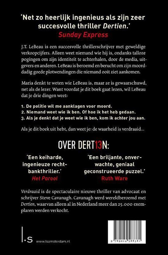 Achterkant van het boek 'Verdraaid', met recensies, een synopsis en een streepjescode.