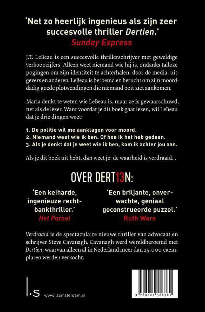 Achterkant van het boek 'Verdraaid', met recensies, een synopsis en een streepjescode.