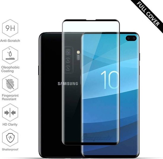 Samsung Galaxy S10 Plus Full cover screenprotector / Tempered Glass Zwart - van Bixb