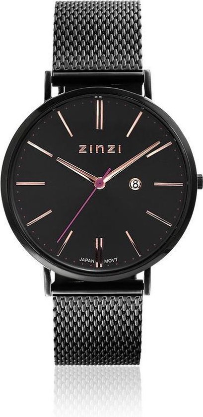 ZINZI Retro horloge zwarte wijzerplaat en zwarte stalen kast zwarte stalen mesh band 38mm extra dun ZIW409M