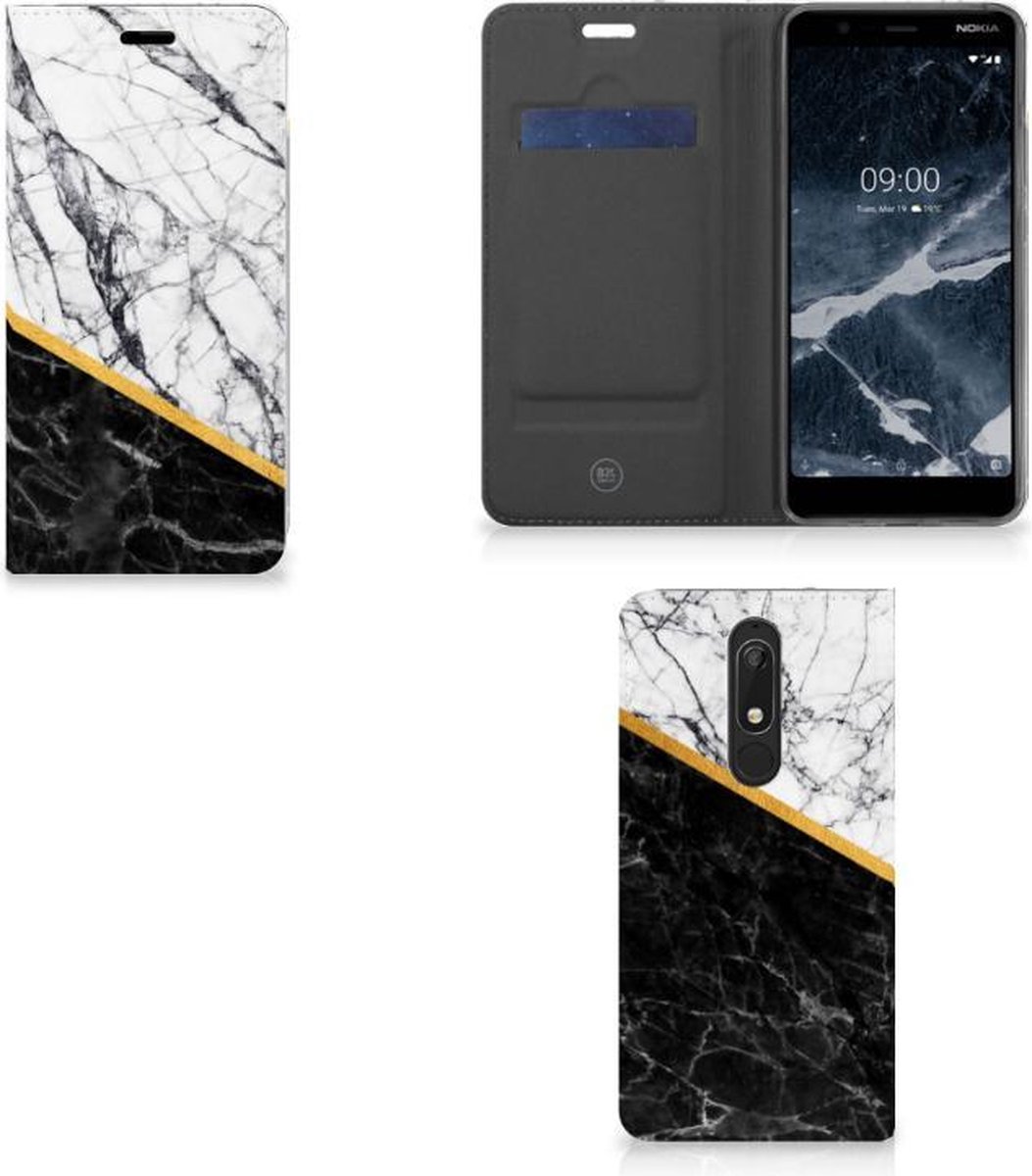 Nokia 5.1 (2018) Standcase Marmer Wit Zwart - Origineel Cadeau Man