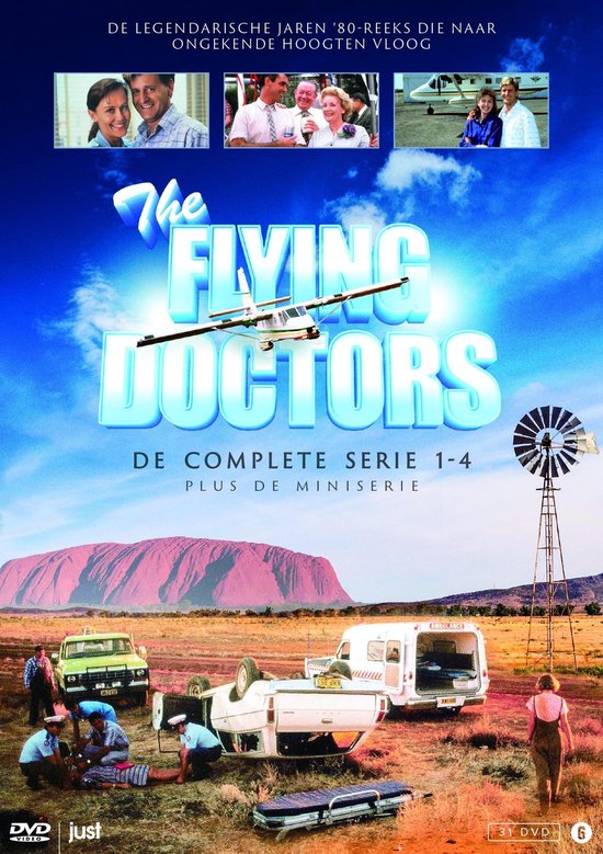 DVD-hoes 'The Flying Doctors', complete serie 1-4 plus miniserie. Bevat een vliegtuig, ambulance, molen en landschap.