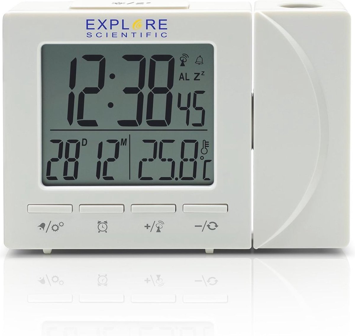 Explore Scientific RDP1001 radio gestuurde digitale projectiewekker | Groot display | Dag - Datum aanduiding | Thermometer | Wit