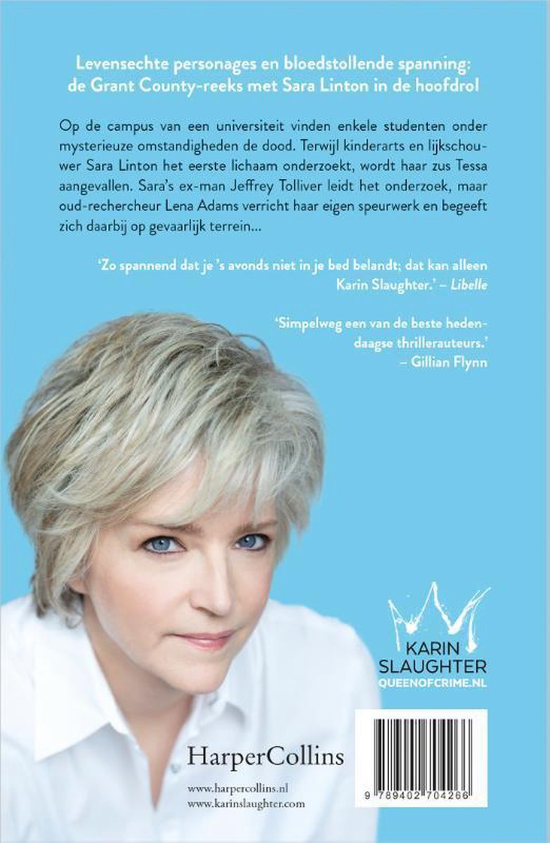 Boekomslag met portret van Karin Slaughter, blauwe ogen, blond haar.