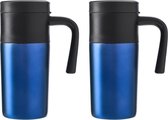 2x Roestvrijstalen thermos/isoleer reisbekers 330 ml kobalt blauw