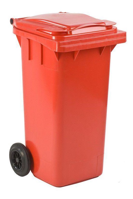 Eenzijdige rode 120L afvalcontainer met twee zwarte wielen en een deksel.