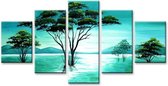 Schilderij - Abstracte Natuur, Blauw/Groen, 160X80cm, 5luik