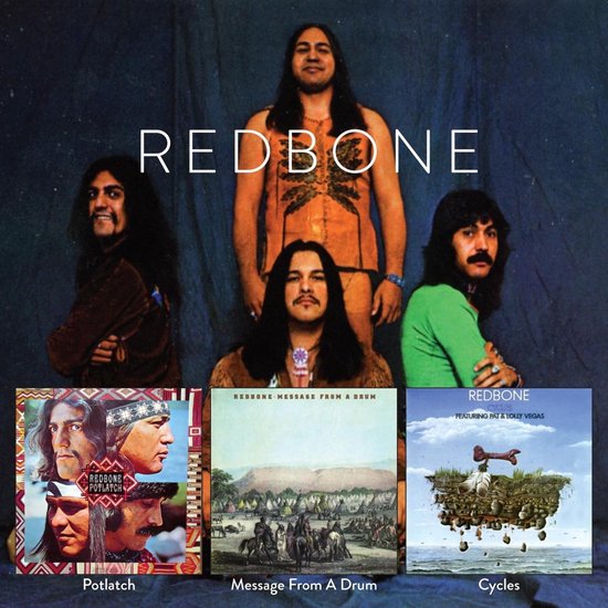 RED BONE bandfoto met albumhoezen: Potlatch, Message From A Drum, Cycles.